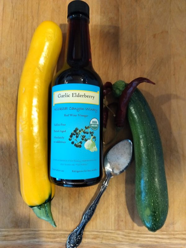 Organic Garlic and Elderberry Vinegar with zucchini stir-fry